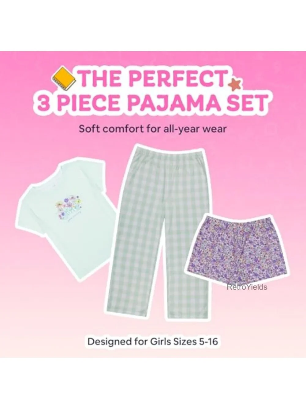 3-Piece Girls Pajama Set with Tee, Pants & Shorts - Soft Polyester Sleepwear
